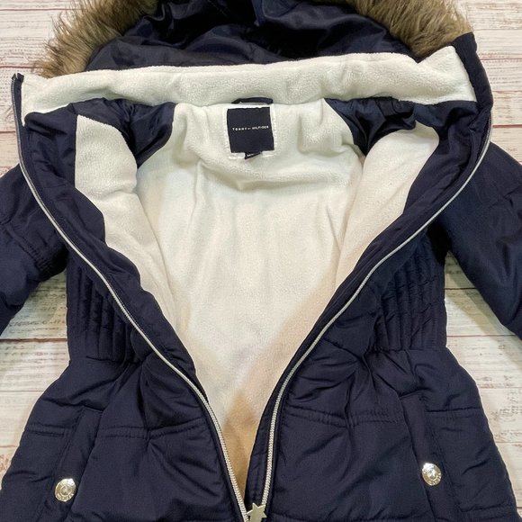 Girls Tommy Hilfiger Long Puffer Jacket with Faux Fur Hood - Picture 8 of 10